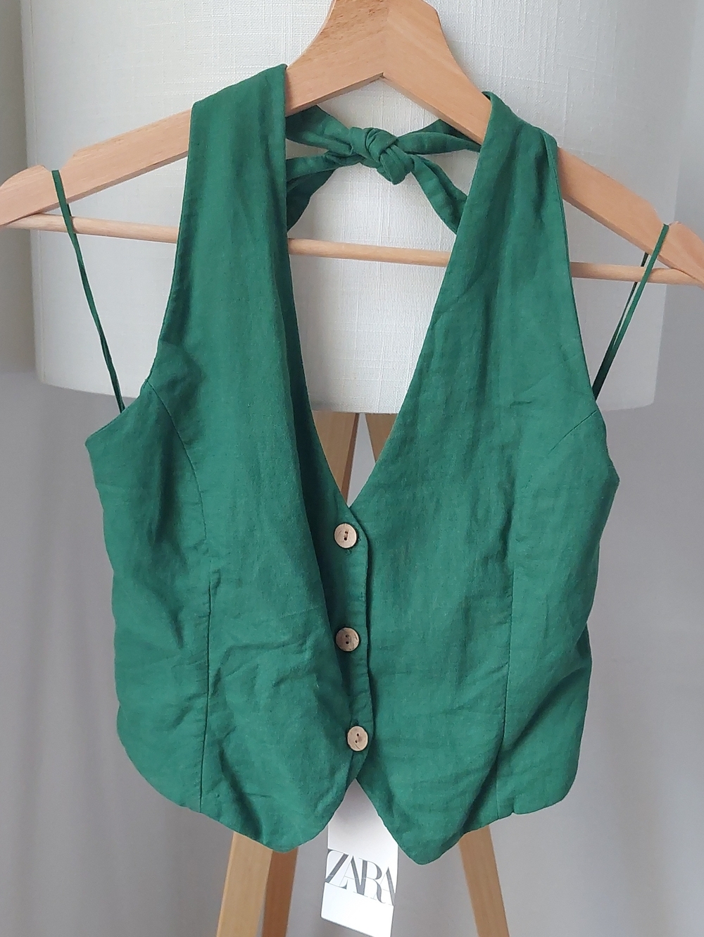 Zara Emerald Green Linen Halter Button Crop Top